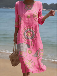 Women's Casual Round Neck Mid Sleeve Print Cotton And Linen Dress