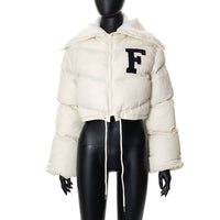 Letter Fur Collar Zipper Drawstring Women's Casual Cotton-padded Jacket Top