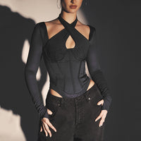 Halterneck Jumpsuit Solid Color See-through Long Sleeves