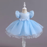 Sequined Puff Sleeve Lace Mesh Bubble Skirt Dance Performance Dress