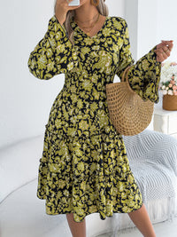 Women's Vintage Bell Sleeve Ruffle Trim Tie Waist A-Line Dress