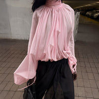 Sheer Lantern Sleeve Pleated Bud-Neckline Shirt
