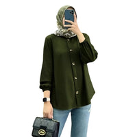 Muslim Ice Silk Wrinkle Stand-up Collar Literary Vintage Cardigan Loose Shirt Women