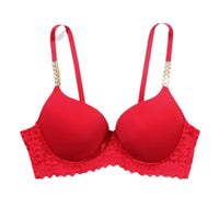 Women's French-style Lace Push Up Chain Flash Diamond Shoulder Strap Bra