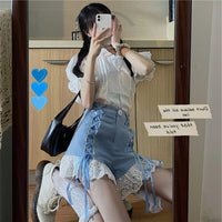 Women's Summer New Casual Lace Stitching Denim Shorts