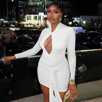 Hollow Out Bodycon Dress With A V Neck Long Sleeves And A Tie Up Design