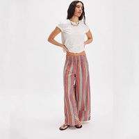 Womens Loose Casual High-waisted Striped Wide-leg Pants