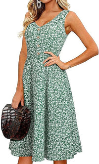 Casual V-Neck Sleeveless Button-Front Floral Dress