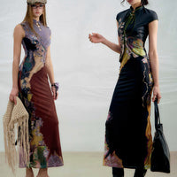 Two-Way Color-Block Printed Cheongsam Dress