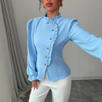 Women's Elegant French Asymmetrical Button-down Collar Ruffle Long Sleeve Blouse