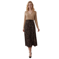 V-neck Spliced Drapey Fabric Leopard Print Long-Sleeve Dress