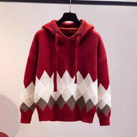 European And American-style Hooded Sweater Loose-fit Diamond-patterned Base Knit Top