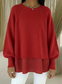 Solid Color Casual Crew Neck Sweater With A Chiffon Hem And Puff Sleeves
