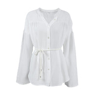 White Cotton Bubble Crepe Belt Small Stand Collar Shirt