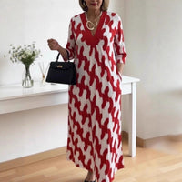 Womens V-neck Printed Dress Loose Fit For Comfort And Ease