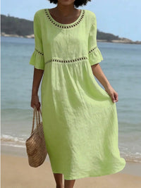 Elegant Casual Crew-Neck Three-Quarter-Sleeve Solid-Color Dress