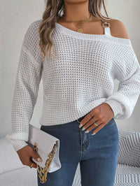 Casual Metal Button Color Block Off-Shoulder Lantern Sleeve Pullover Sweater