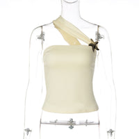 Fashionable One-shoulder Top With A Slash Neck And Gold Button Embellishments