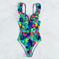 Bikini Ruffled Printed Backless One Piece Swimsuit Women