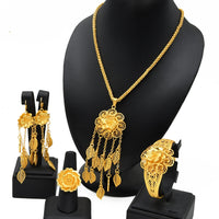 Lady's Flower Necklace Earring Ring Bracelet Copper-plated Gold Jewelry Suit