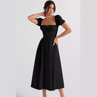 Womens Slimming Elegant Puff-Sleeve Lace-Up Short-Sleeve Dress