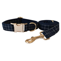 Navy Blue Plaid Gold Button Dog Collar Alloy Buckle