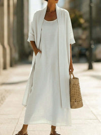 Womens Simple, Loose, Comfortable, Fashionable Cotton-Linen Two-Piece Dress Set
