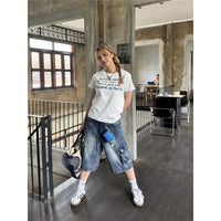 American-style Washed Loose-fit Multi-pocket Denim Capri Pants