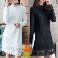 Plus-size Outerwear Long-sleeve Fleece-lined Warm Lace Dress