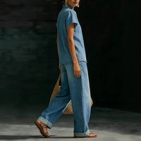 Solid-color Short-sleeve Casual Loose-fit Faux Denim Two-piece Set