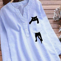 Women's Striped Cotton And Linen Pocket Printed Casual V-neck Long Sleeve Shirt