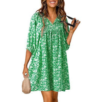 Casual Bohemian Floral Print V-Neck Lantern-Sleeve Dress