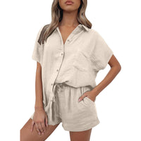 Casual Fashion Cotton And Linen Shirt And Shorts Set Womens Clothing