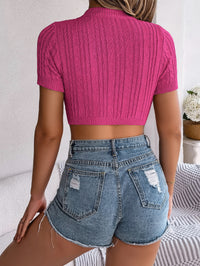 Casual Hollow Out Cable Knit Short Sleeve Crop Top - Beachwear
