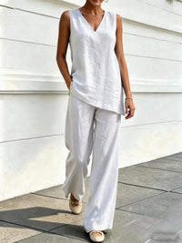 Womens V-neck Sleeveless Cotton-Linen Top And Wide-Leg Pants Set