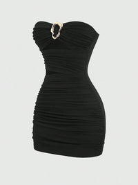 Fashionable Womens Strapless Metal-Embellished Hollow-Out Dress