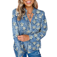 Retro Printed Chiffon Blouse Womens Textured Long-Sleeve Top