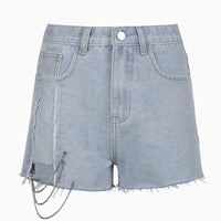 Women's Chain Raw Edge Washed Denim High Waist Wide Leg Shorts