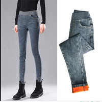 Outer wear warm stretch and fleece elastic waist jeans