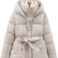 Women's Short Waist-cinching Slim-fit Hooded Tie-front Warm Coat
