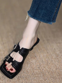 French Style Small Slope With Belt Buckle Half Slippers, Perfect For Matching Skirts, One Line Roman Sandals