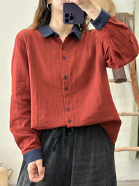 Womens Casual Retro Color-Block Collar Cotton Shirt