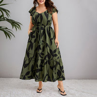 Floral Flutter-Sleeve Drawstring-Waist Maxi Midi Slimming Dress