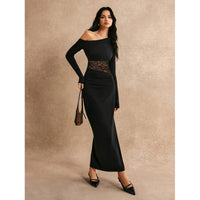 Women's Solid-Color Off-Shoulder Long-Sleeve Lace Dress