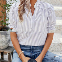 Pullover V-neck Ruffle Sleeve Top Women's Striped Chiffon Shirt