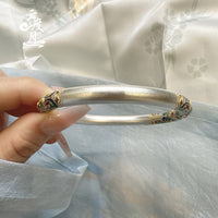 S999 Sterling Silver Enamel Scroll Pattern Gold-Painted Bracelet For Women, Chinese Traditional Style, Fixed Bangle, All-Match Jewelry