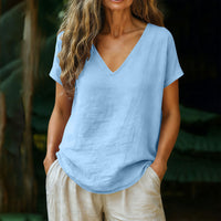 Women's Cotton-Linen Short-Sleeve V-Neck Pullover Top