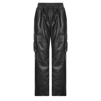 Street Pocket Tooling Leather Straight Leg Pants Elastic Waist Wide Punk Texture