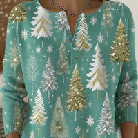 New Retro 3D Digital-Print Polo Sweater With Three Buttons And A Crew Neck