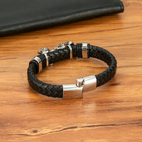 Gold And Steel-Colored Leopard-Pattern Dragon Pi Xiu Stainless Steel Leather Magnetic-Clasp Mens Bracelet